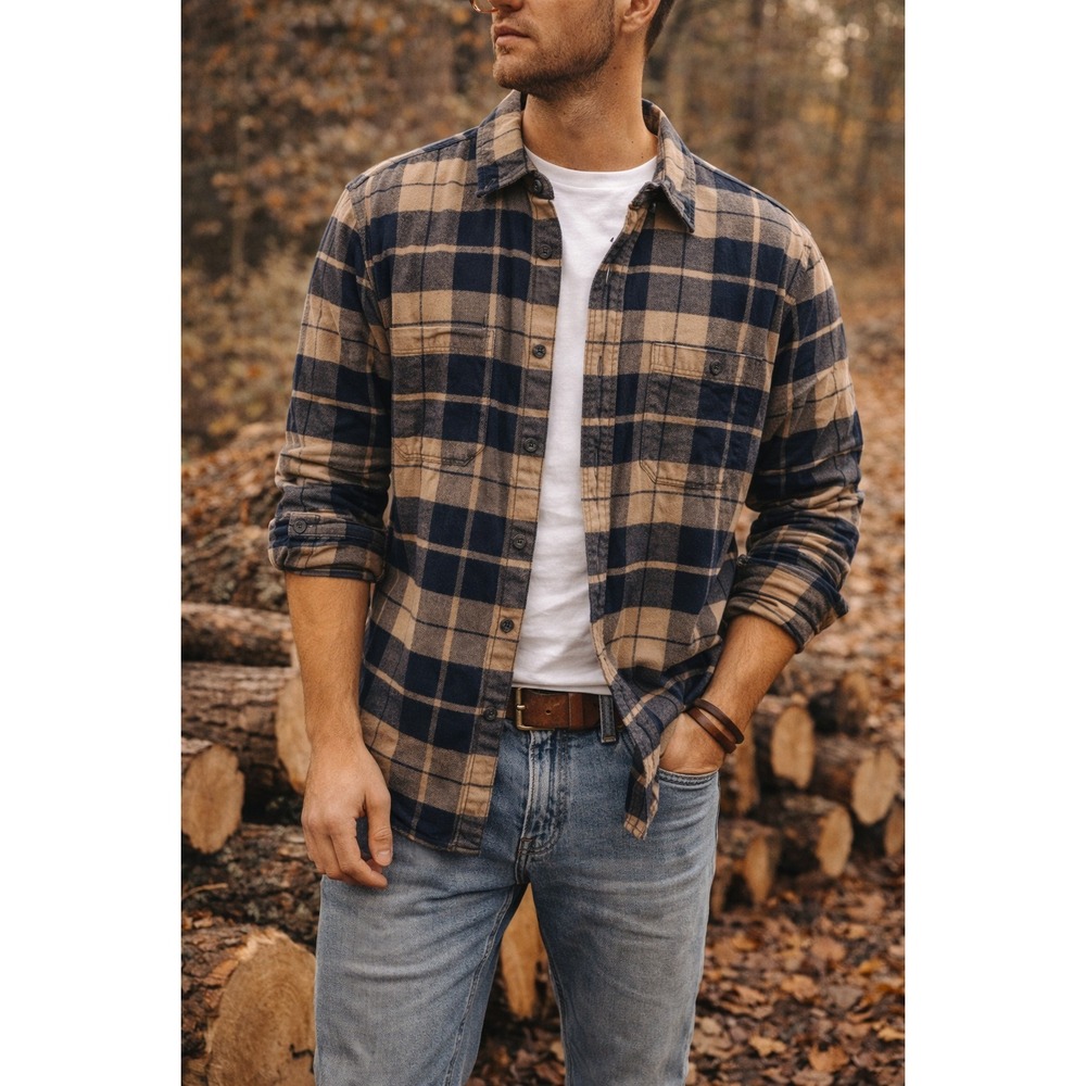 Ridgecut Workwear Flannel Shirt Mens Large Plaid‎ Navy Tan Rugged Outdoors